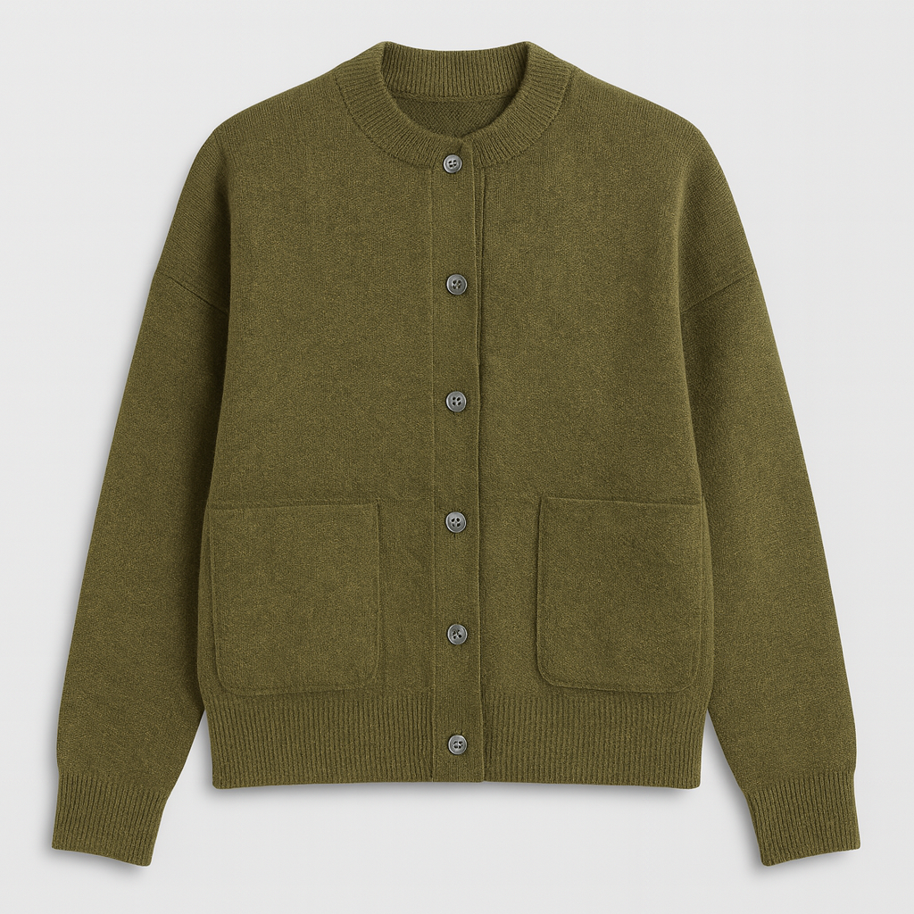 Button-up cardigan with a crew neckline, ribbed cuffs and hem, and two front patch pockets.