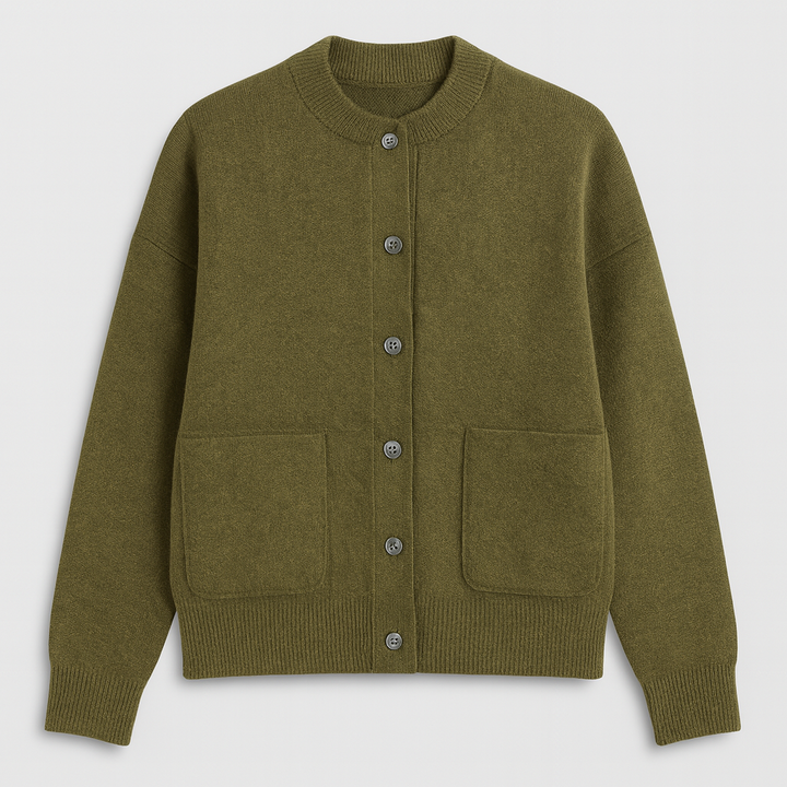 Button-up cardigan with a crew neckline, ribbed cuffs and hem, and two front patch pockets.