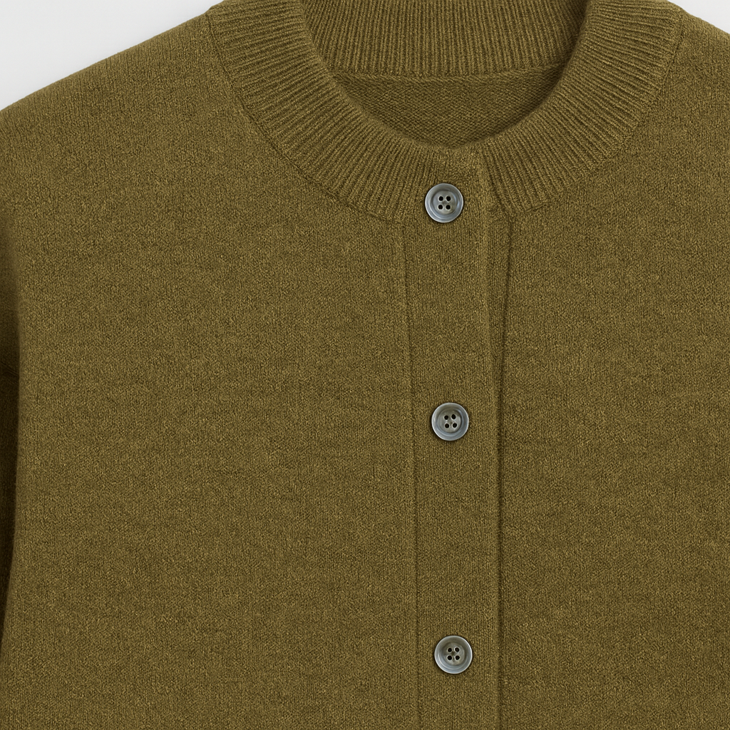 Button-up cardigan with a crew neckline, ribbed cuffs and hem, and two front patch pockets.