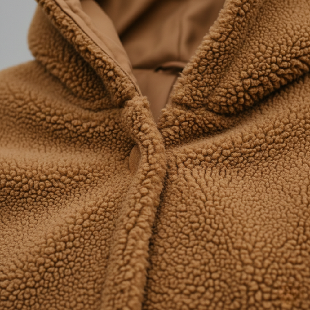 brown hooded coat, showcasing a cozy and stylish fall outfit.