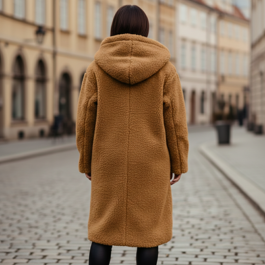 Back details of brown hooded coat, showcasing a cozy and stylish fall outfit.
