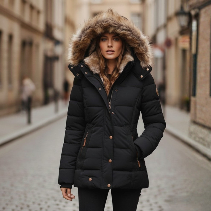 Women's black down jacket with a faux-fur collar, featuring a tailored and quilted insulation.