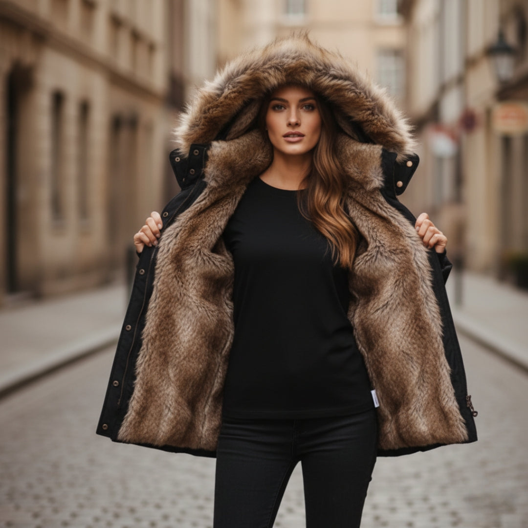 Women's black down jacket with a faux-fur collar, featuring a tailored and quilted insulation.