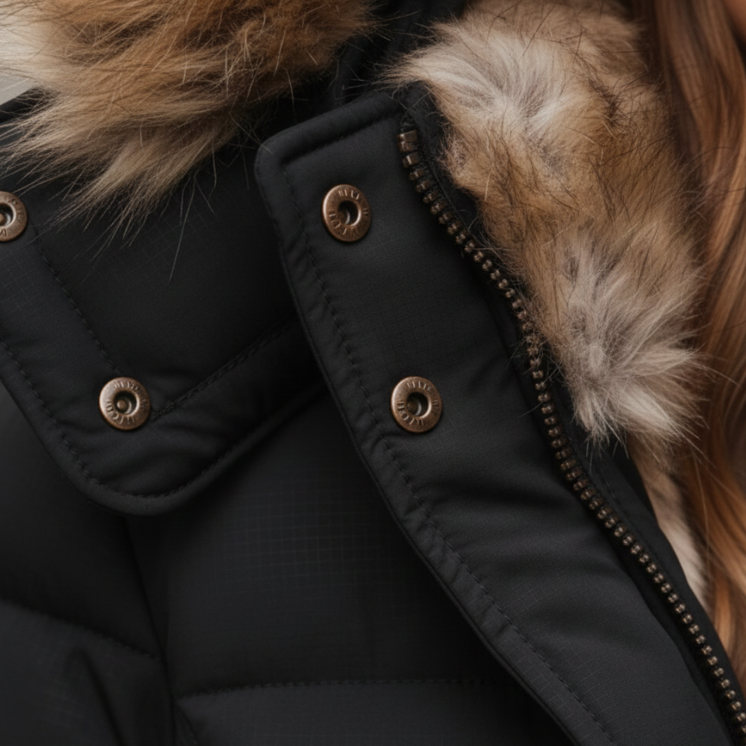 Close-up details of women's black down jacket with a faux-fur collar, featuring a tailored and quilted insulation.