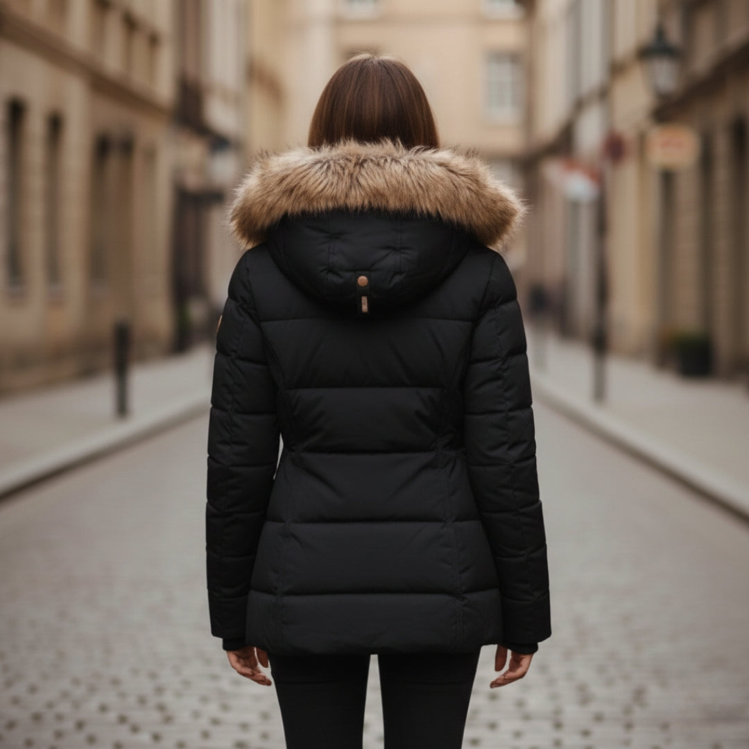 Back details of women's black down jacket with a faux-fur collar, featuring a tailored and quilted insulation.
