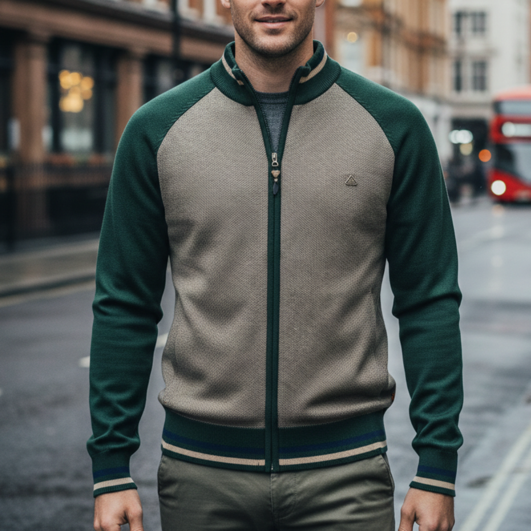 a green zip-front sweater and black pants, showcasing a modern, structured knitwear style for fall and winter.