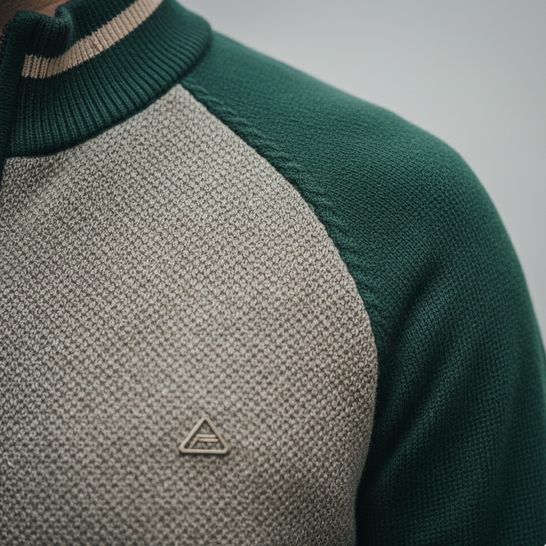 a green zip-front sweater and black pants, showcasing a modern, structured knitwear style for fall and winter.