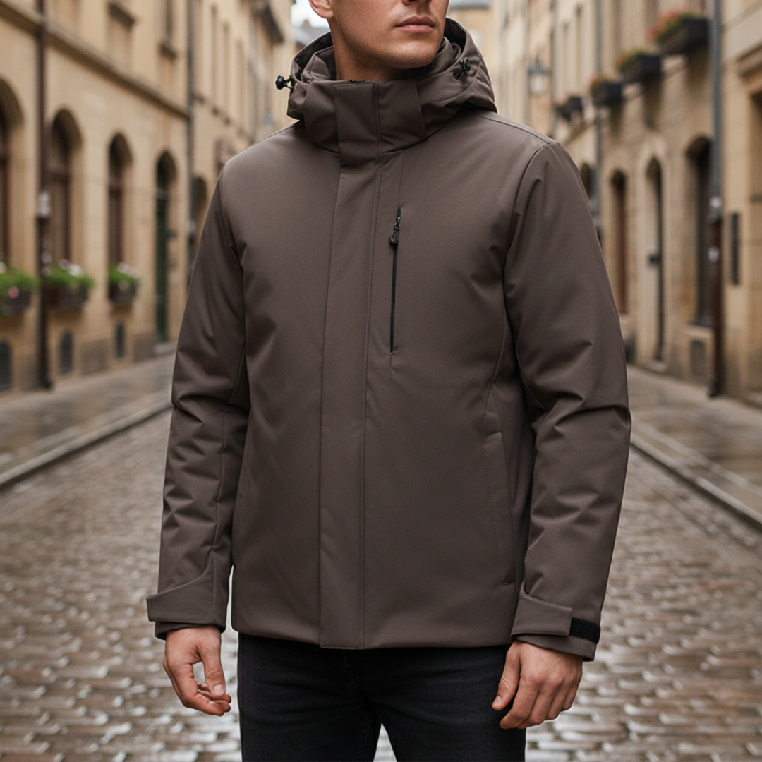 Unisex brown parka, featuring a hood, insulated design, and a streamlined silhouette for winter wear.