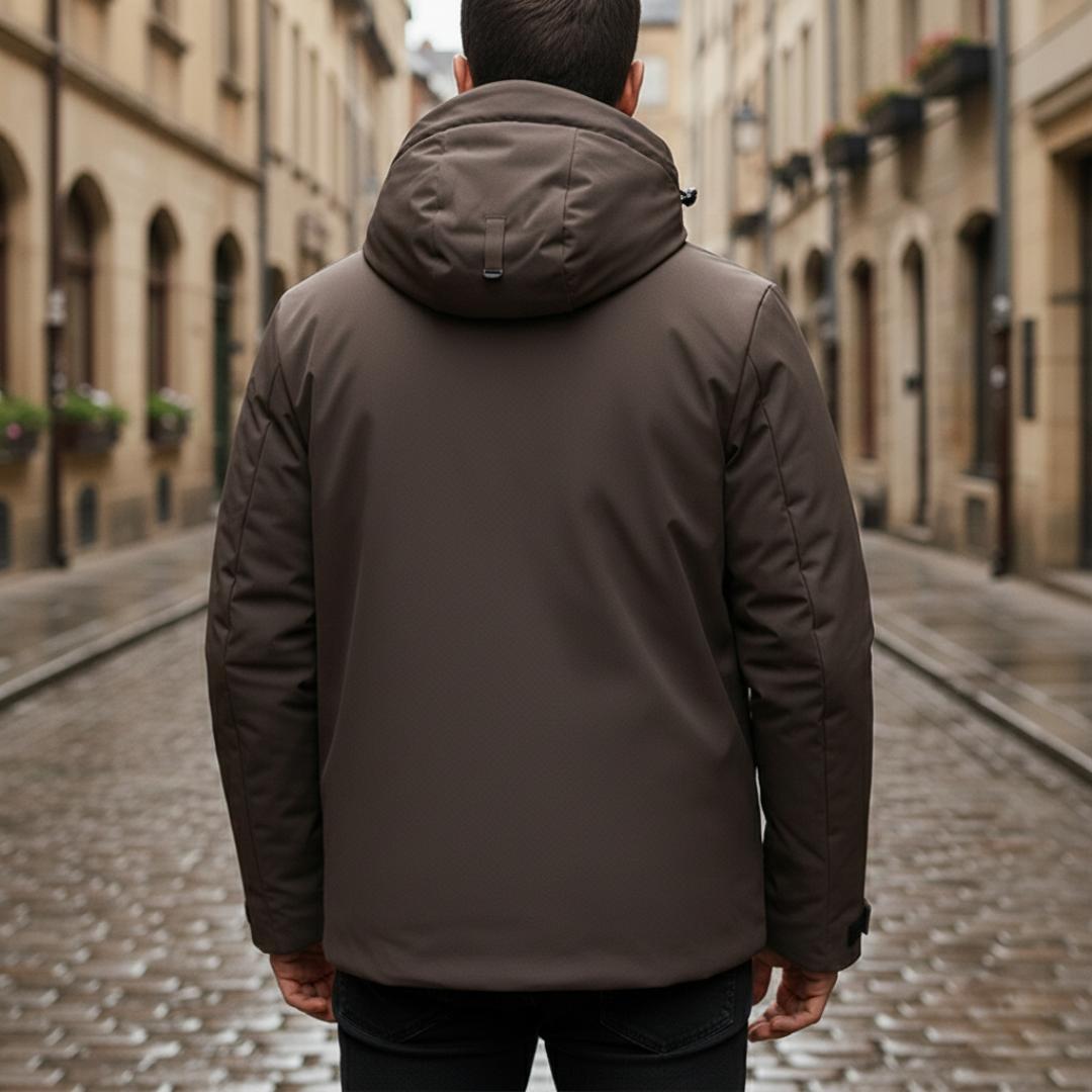 Unisex brown parka, featuring a hood, insulated design, and a streamlined silhouette for winter wear.