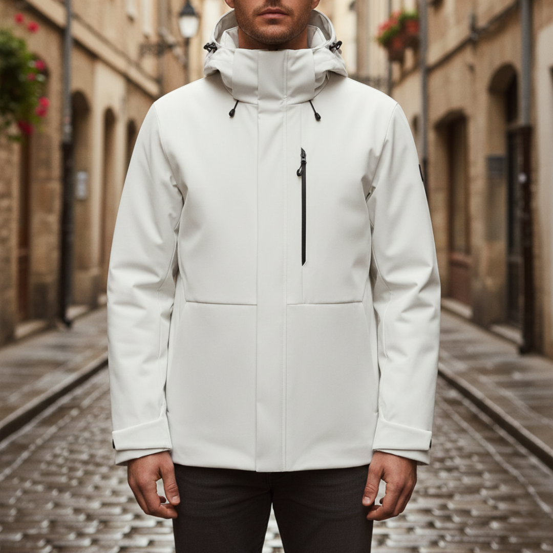 Unisex white parka, featuring a hood, insulated design, and a streamlined silhouette for winter wear.