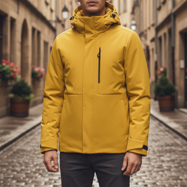 Unisex yellow parka, featuring a hood, insulated design, and a streamlined silhouette for winter wear.