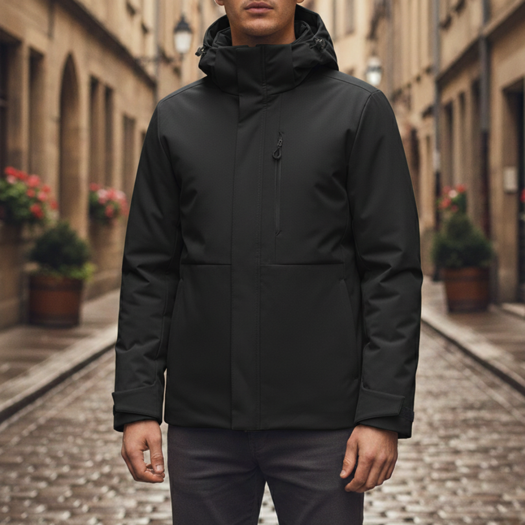 Unisex black parka, featuring a hood, insulated design, and a streamlined silhouette for winter wear.