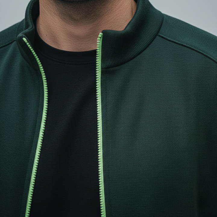 Closed-up look of the green zip-up jacket with a stand collar, long sleeves, and a modern design suitable for casual wear.
