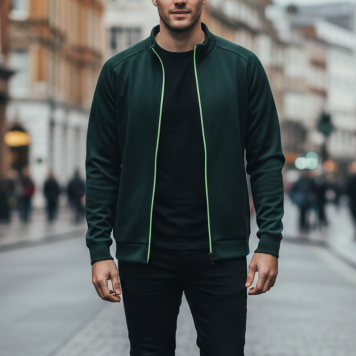 Green zip-up jacket with a stand collar, long sleeves, and a modern design suitable for casual wear.