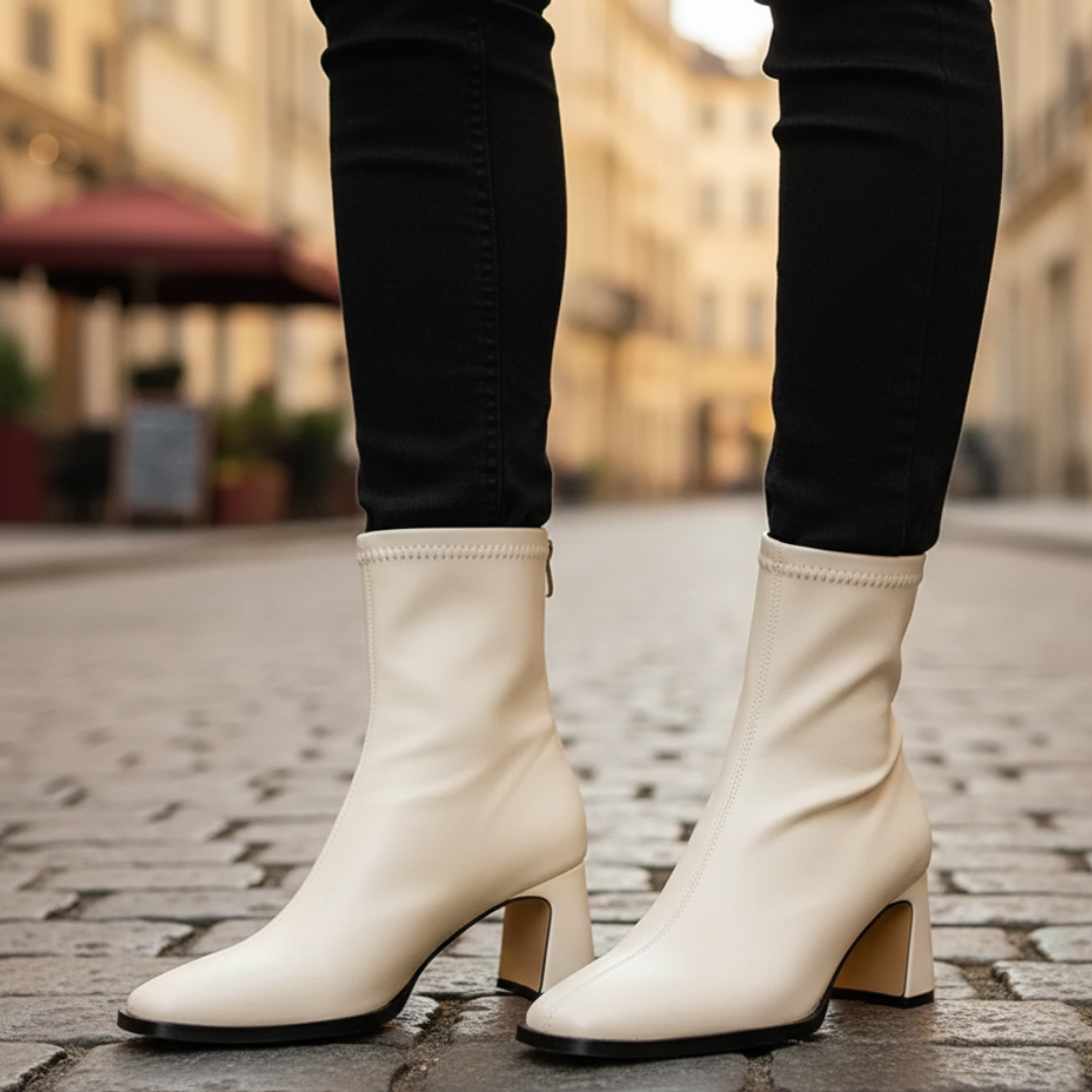 white ankle boots with a square toe on a cobblestone street