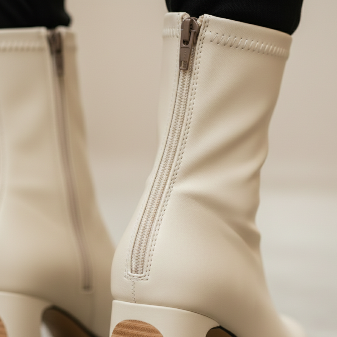 white ankle boots with a square toe on a cobblestone street