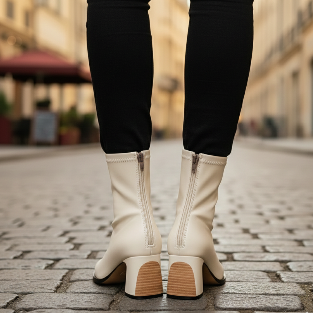 white ankle boots with a square toe on a cobblestone street
