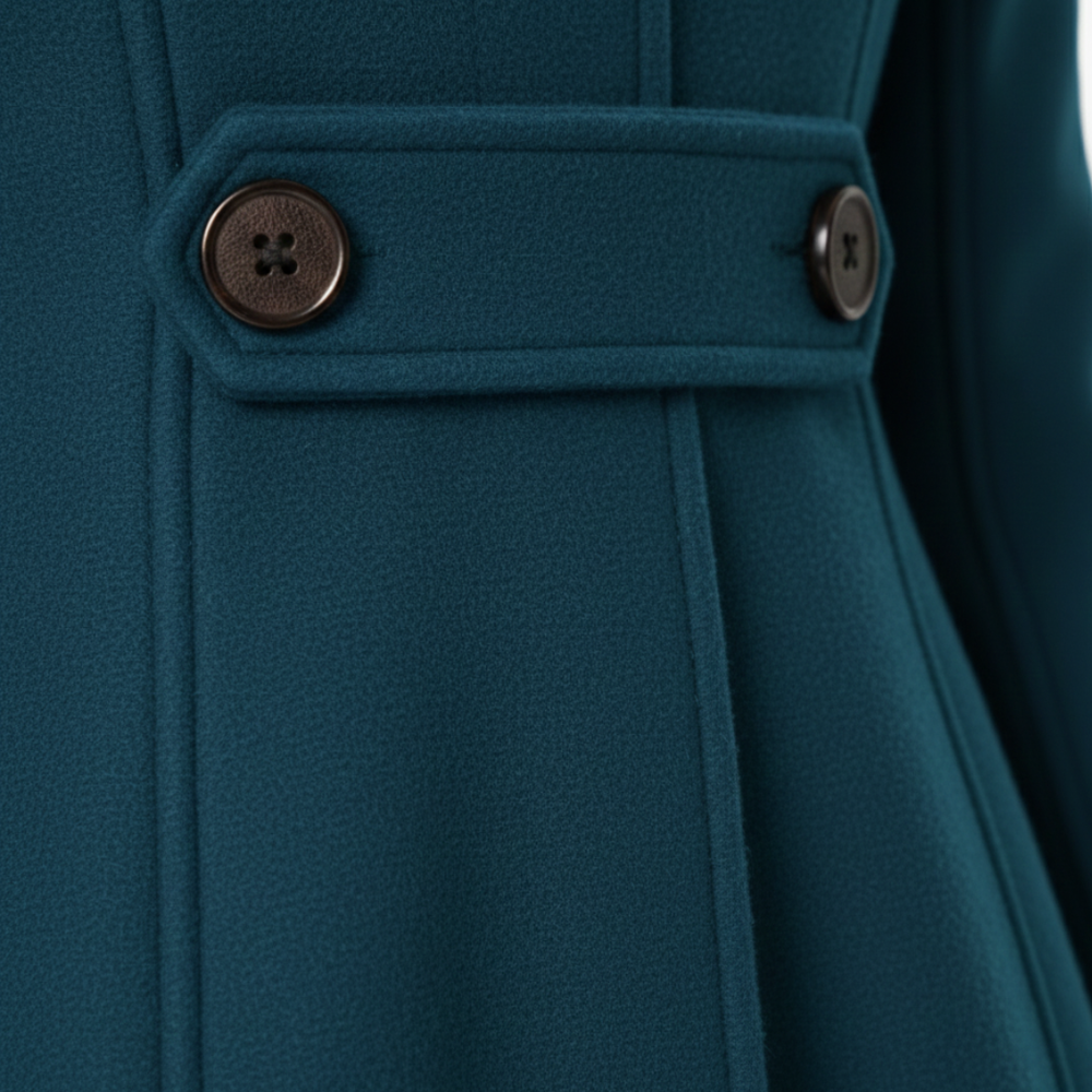 Green hooded A-line coat with buttons, showcasing a flattering mid-thigh length and long sleeves for cooler seasons.