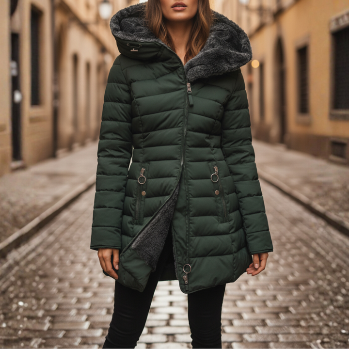 A woman wearing a stylish black puffer coat, featuring a hood and structured quilting, ideal for fall and winter outings.