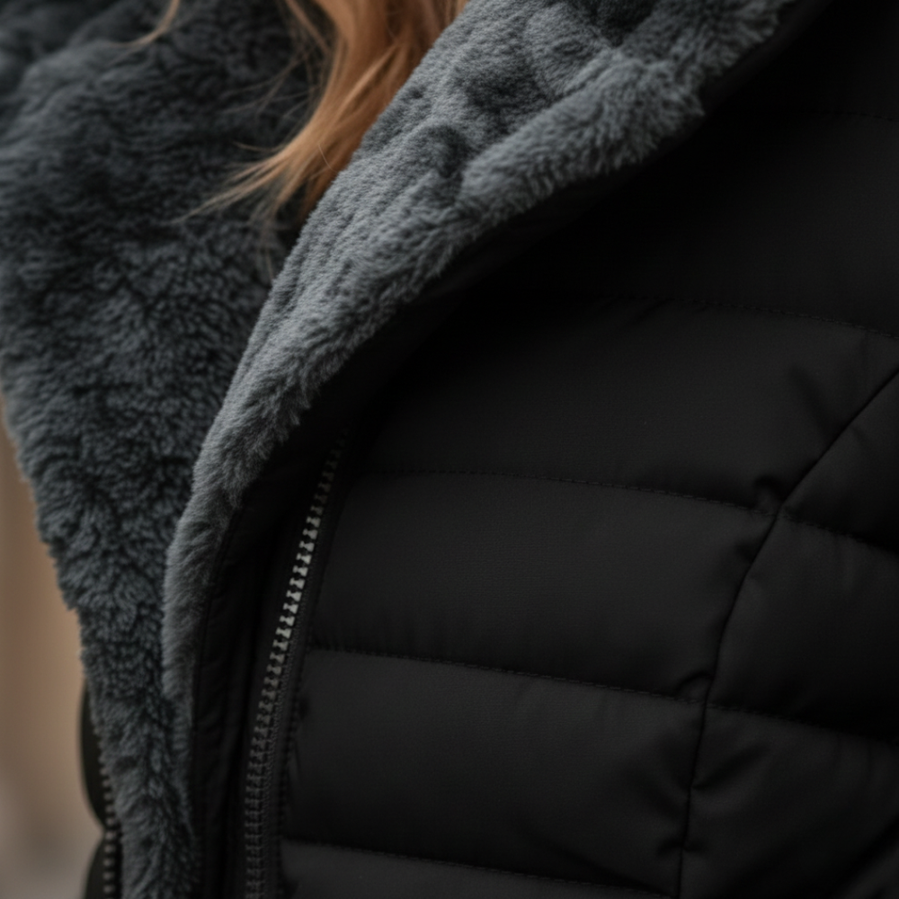 Front close-up look of a black puffer coat, featuring a hood and structured quilting, ideal for fall and winter outings.