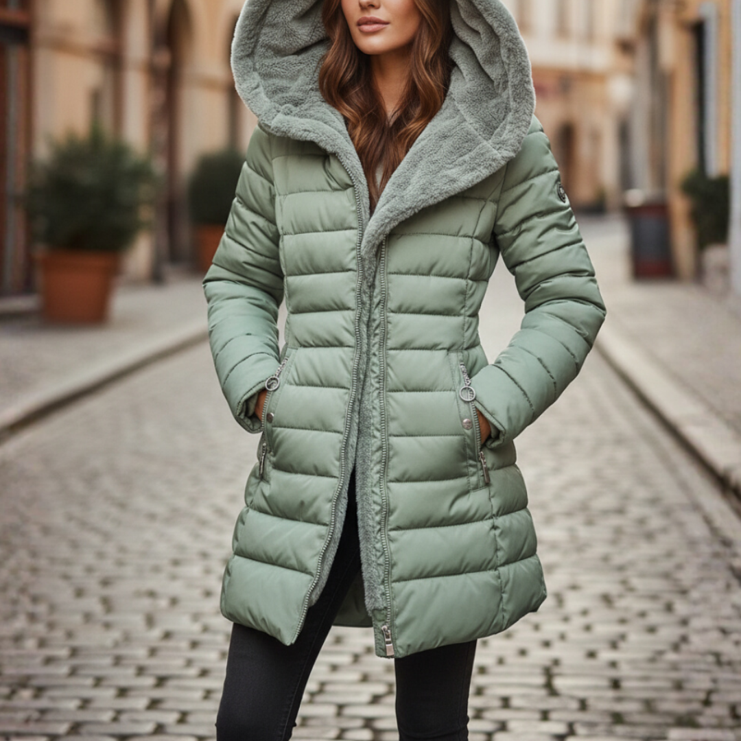 A woman wearing a stylish light greeen puffer coat, featuring a hood and structured quilting, ideal for fall and winter outings.