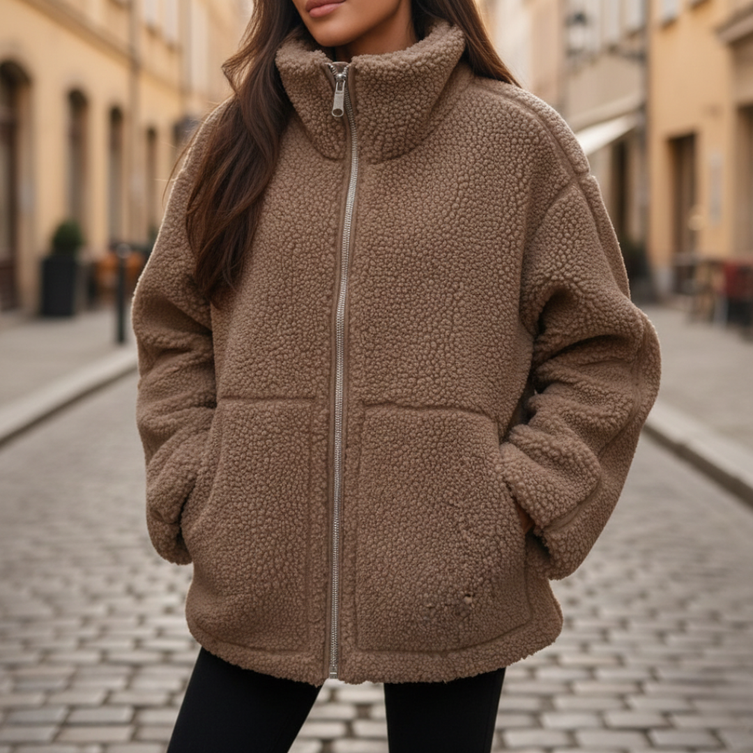 A woman in a brown teddy bear jacket with a high collar and zip front.