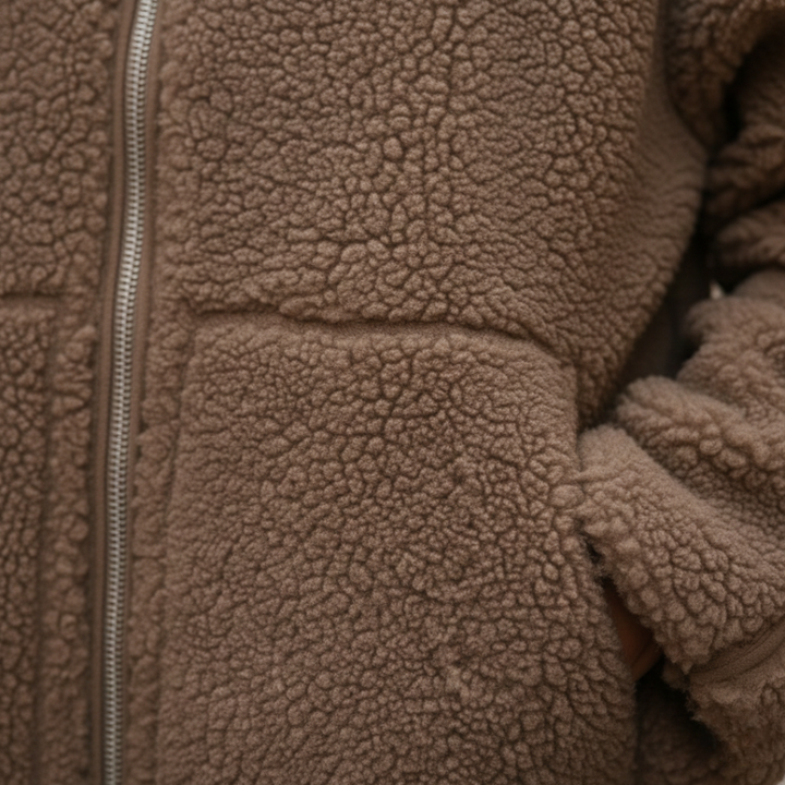 A woman in a brown teddy bear jacket with a high collar and zip front.