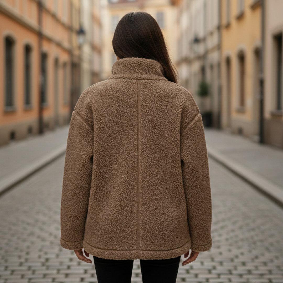 A woman in a brown teddy bear jacket with a high collar and zip front.