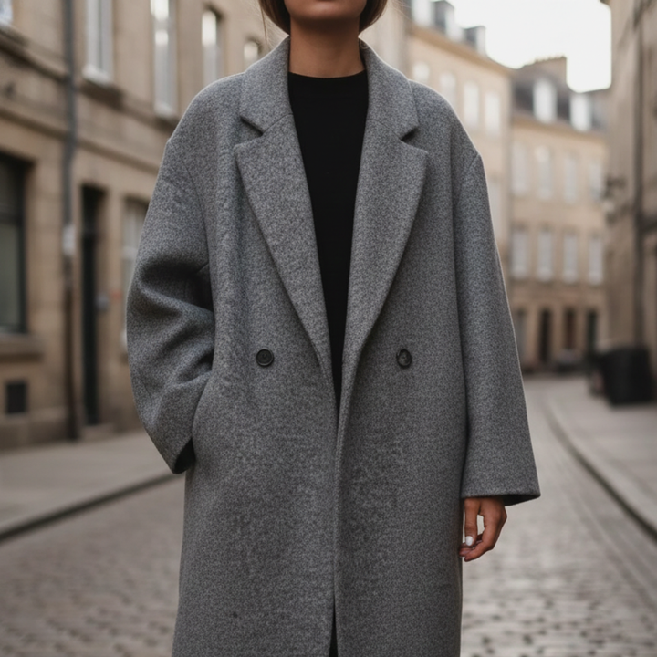  Woman wearing a gray wool-blend coat highlighting its full length and relaxed fit for transitional seasons.