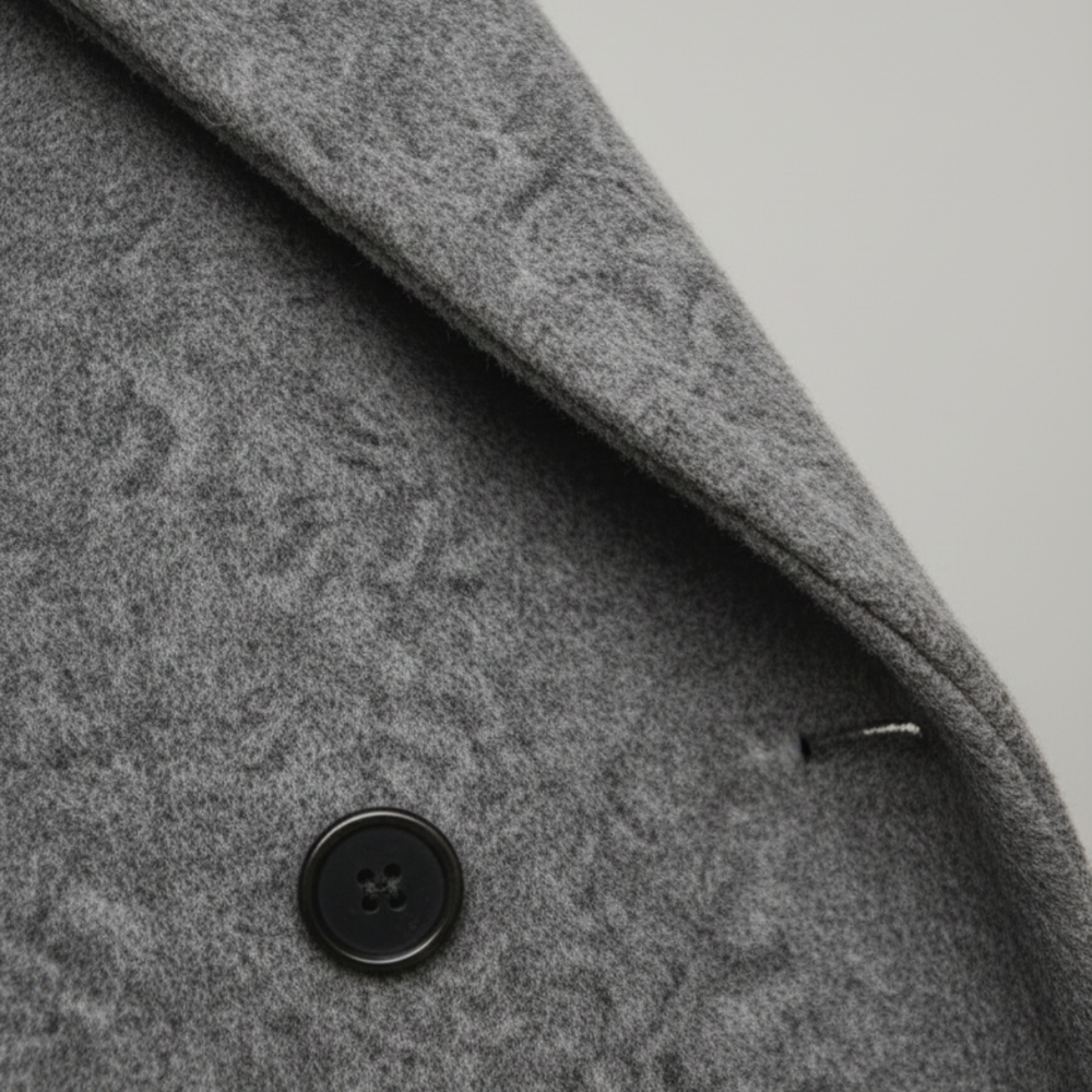 Close up details of a gray wool-blend coat highlighting its full length and relaxed fit for transitional seasons.