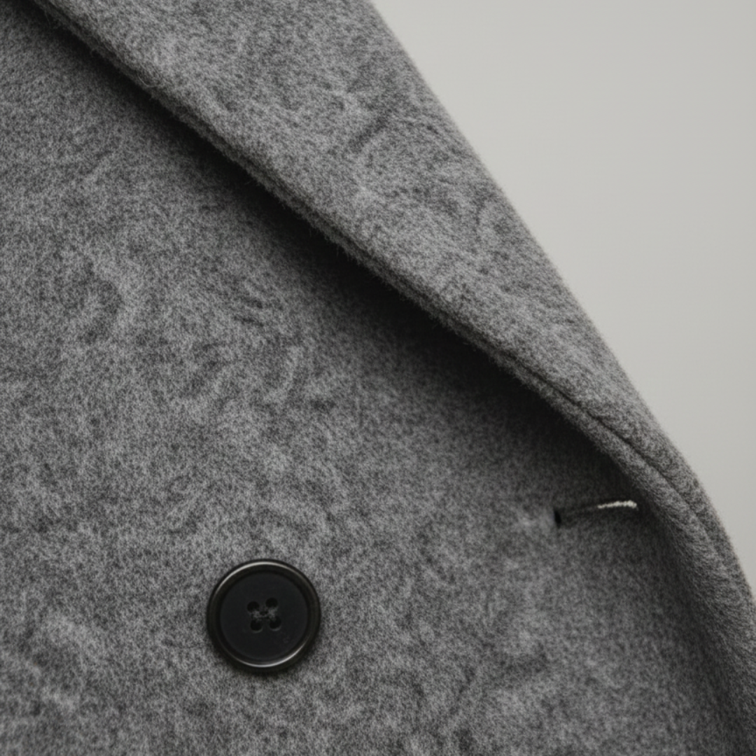Close up details of a gray wool-blend coat highlighting its full length and relaxed fit for transitional seasons.
