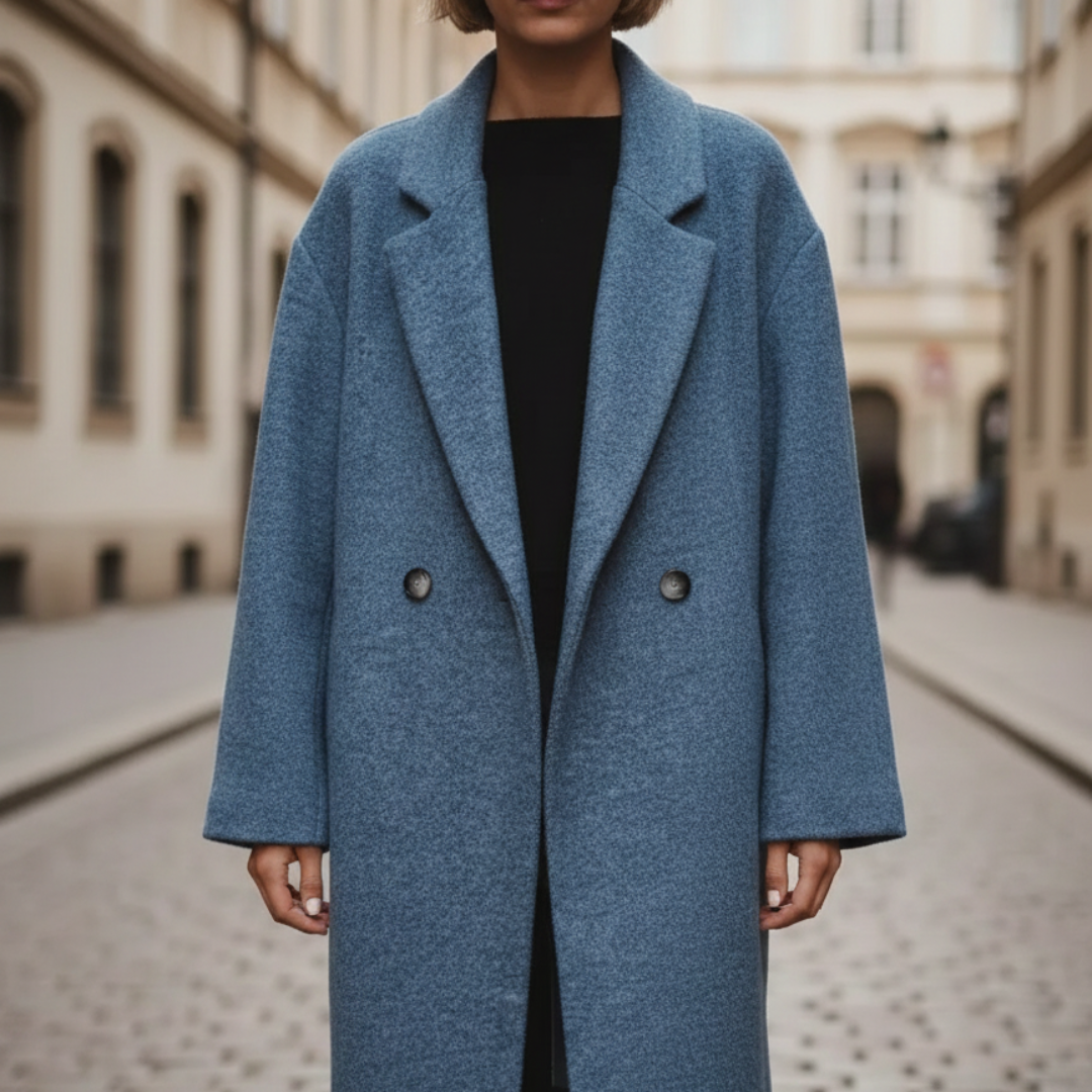  Woman wearing a blu wool-blend coat highlighting its full length and relaxed fit for transitional seasons.