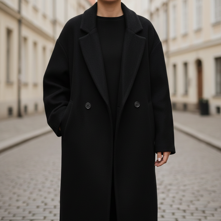  Woman wearing a blackwool-blend coat highlighting its full length and relaxed fit for transitional seasons.