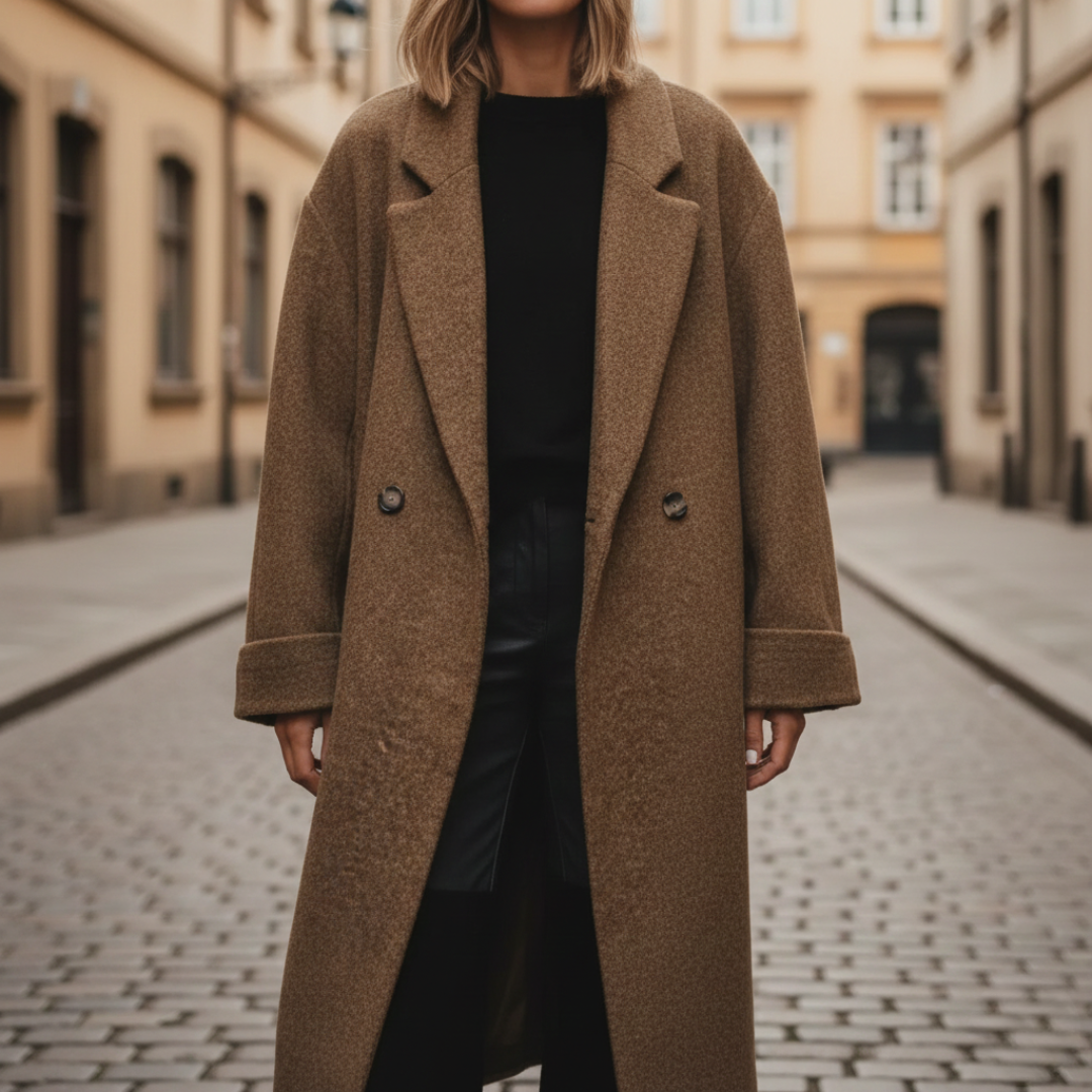 Woman wearing a brown wool-blend coat highlighting its full length and relaxed fit for transitional seasons.