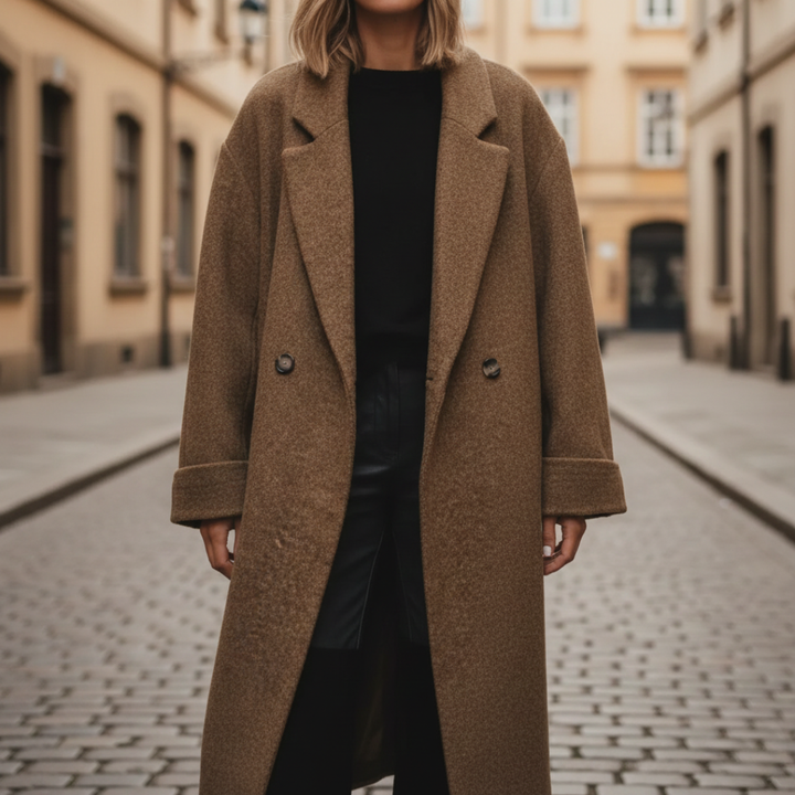  Woman wearing a brown wool-blend coat highlighting its full length and relaxed fit for transitional seasons.