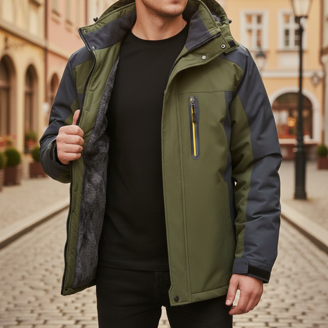 Insulated men's jacket featuring a hood, zipper, and soft lining, good for outdoor activities in cold weather.