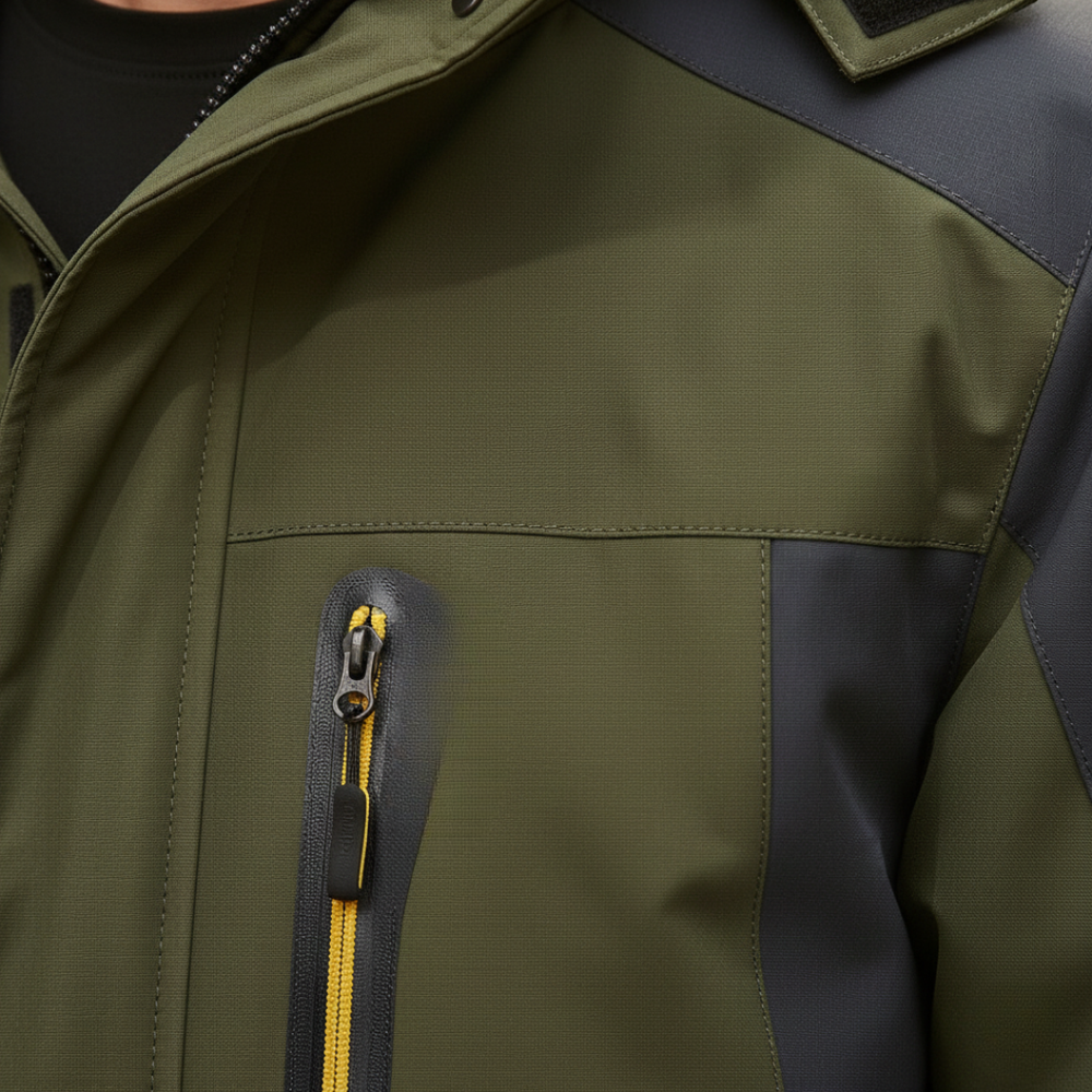 Close-up details of the insulated men's jacket featuring a hood, zipper, and soft lining, good for outdoor activities in cold weather.