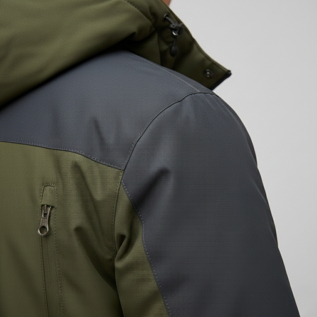 Close-up details of the insulated men's jacket featuring a hood, zipper, and soft lining, good for outdoor activities in cold weather.