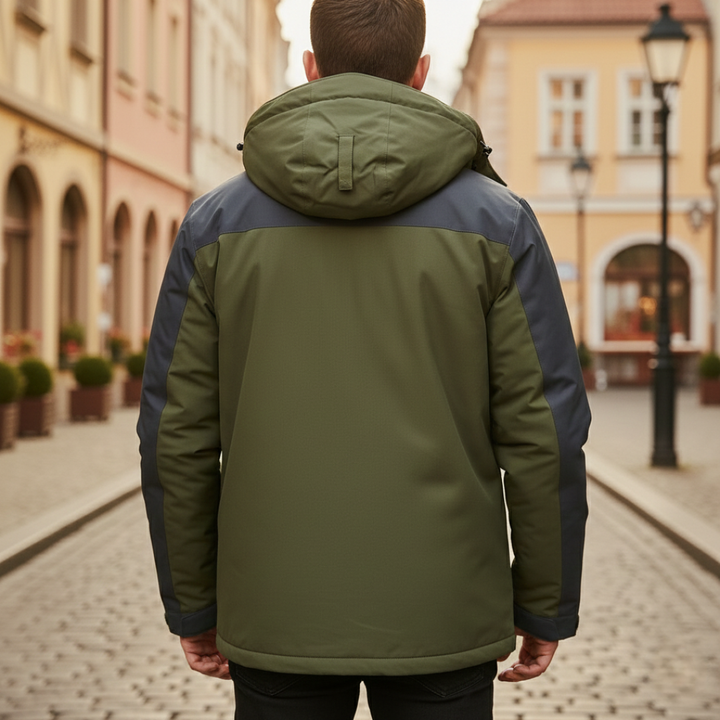 Back details of the insulated men's jacket featuring a hood, zipper, and soft lining, good for outdoor activities in cold weather.