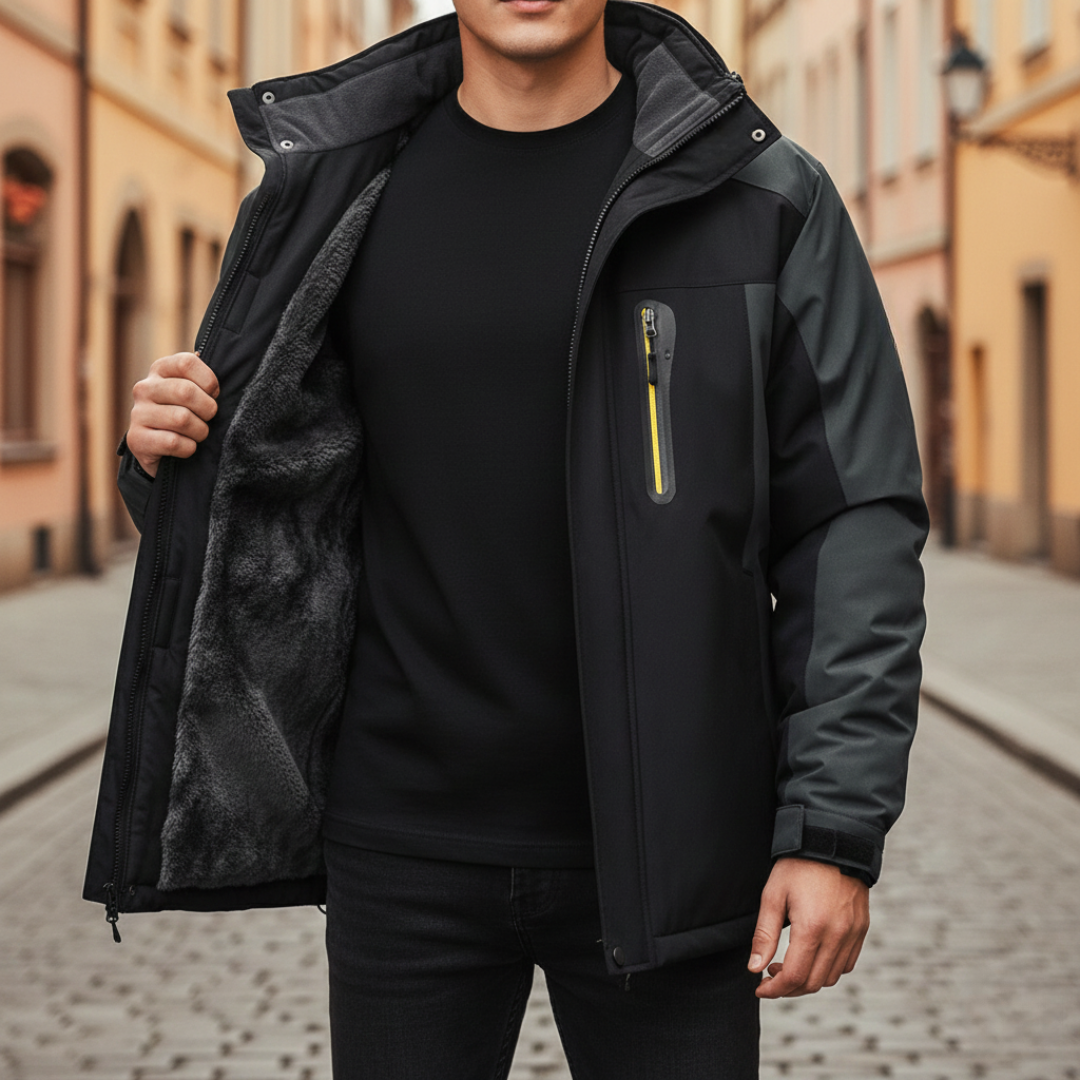 Insulated men's jacket featuring a hood, zipper, and soft lining, good for outdoor activities in cold weather.