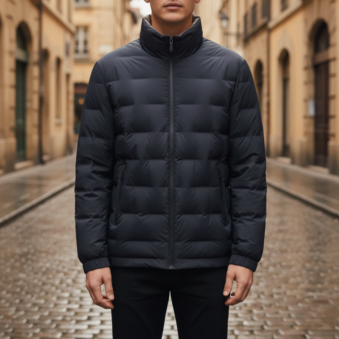 Blue down jacket for men, accented with black lining and a stand collar, perfect for fall and winter wear.