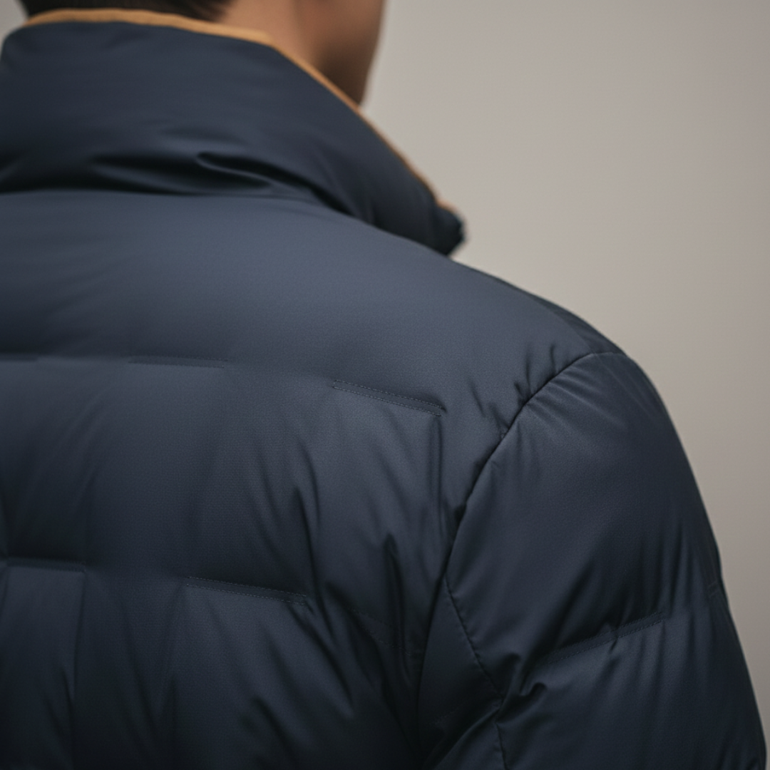 Blue down jacket for men, accented with black lining and a stand collar, good for fall and winter wear.