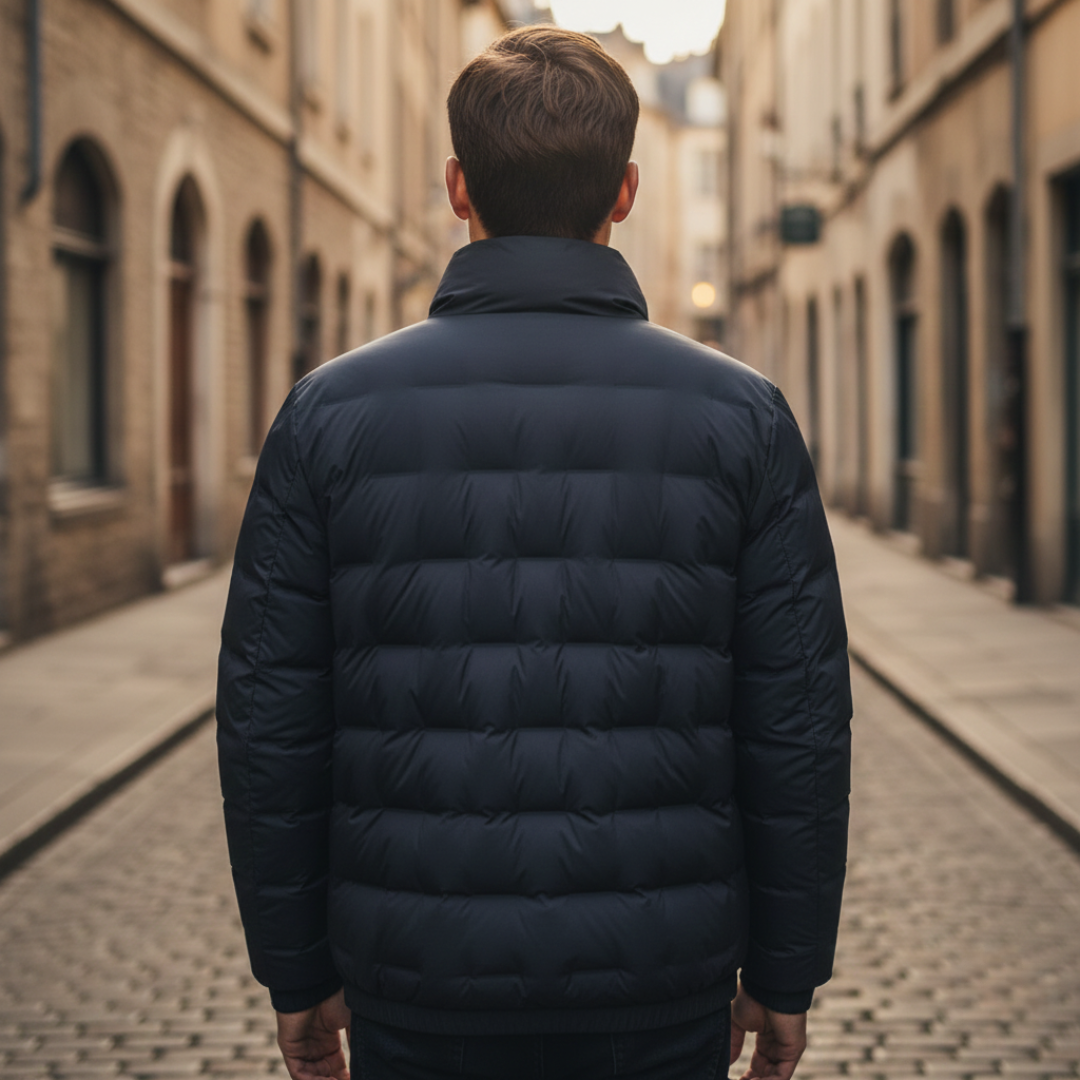 Back details of the blue down jacket for men, accented with black lining and a stand collar, good for fall and winter wear.