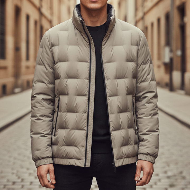 Beige down jacket for men, accented with black lining and a stand collar, good for fall and winter wear.