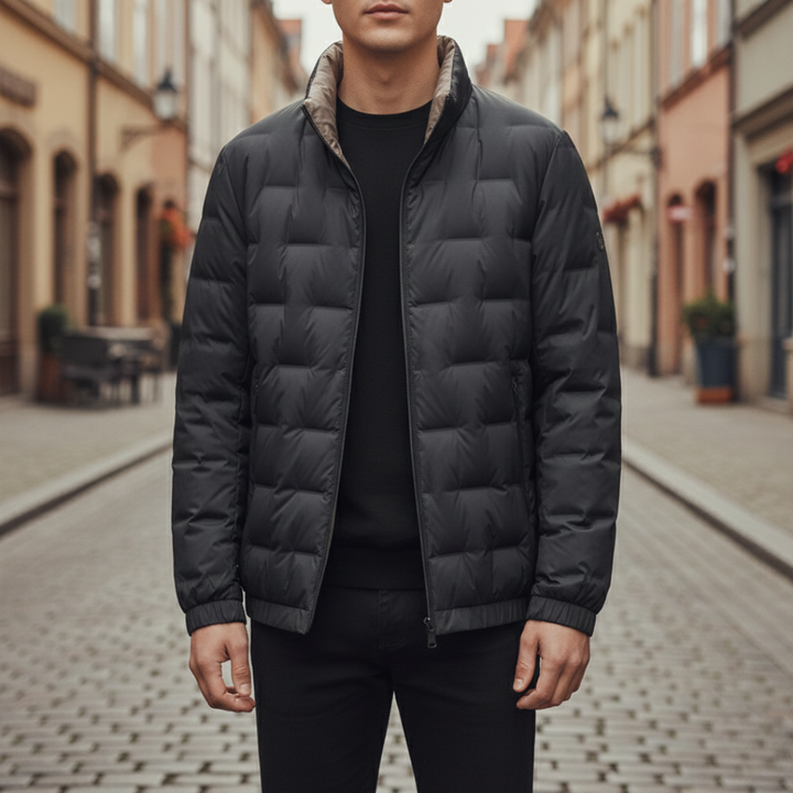 Black down jacket for men, accented with black lining and a stand collar, good for fall and winter wear.