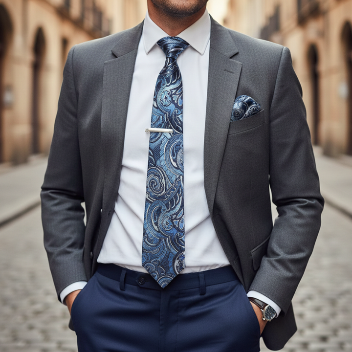 Set of a blue paisley tie, cufflinks, and a pocket square, showcasing classic elegance for formal occasions.