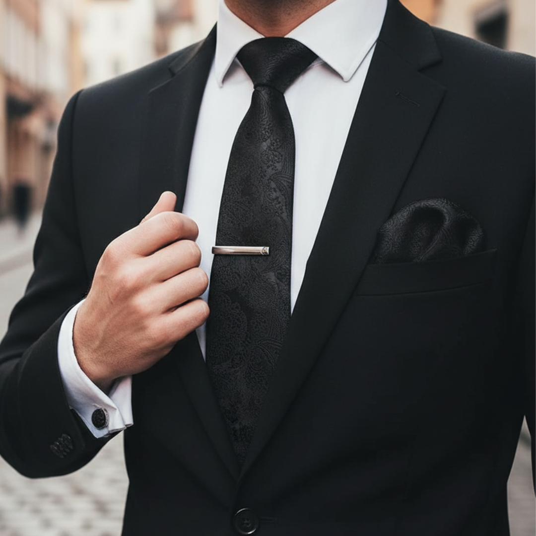 Set of a black paisley tie, cufflinks, and a pocket square, showcasing classic elegance for formal occasions.