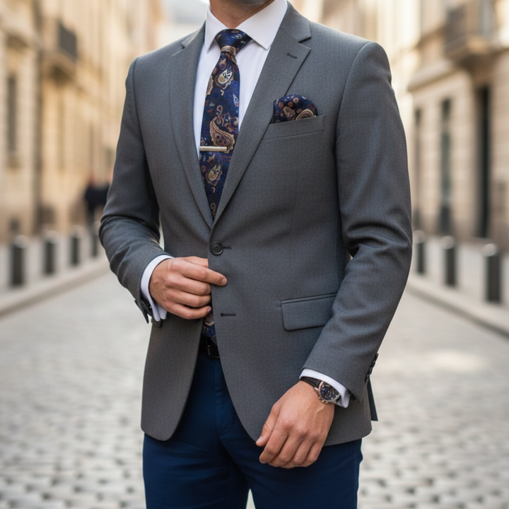 Set of a navy paisley tie, cufflinks, and a pocket square, showcasing classic elegance for formal occasions.