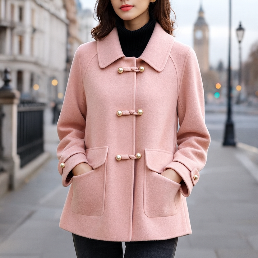 pink coat with pearl buttons stands on the street, showcasing a stylish A-line silhouette and turn-down collar.