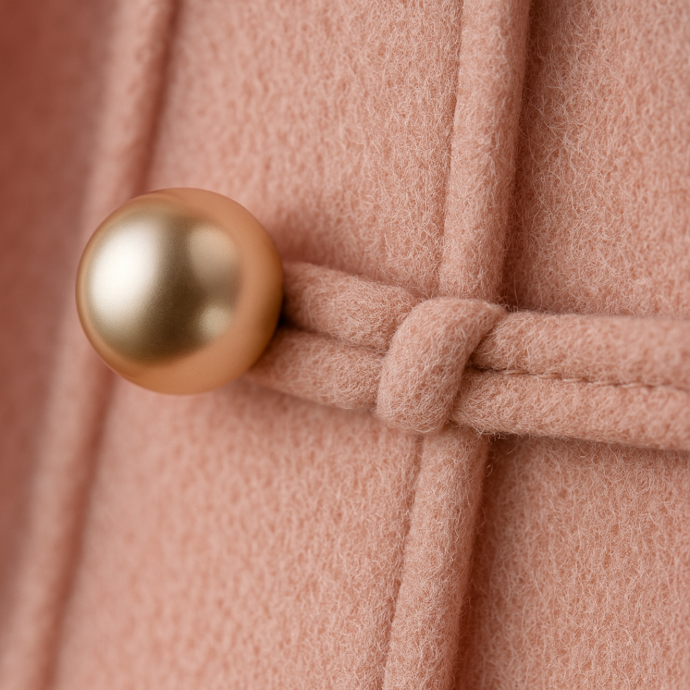 close-up view with pearl buttons stands on the street, showcasing a stylish A-line silhouette and turn-down collar.